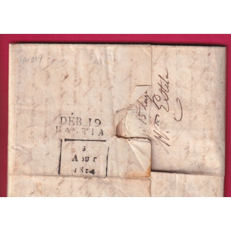 DEBOURSE DEB 19 BASTIA CORSE INDICE 19 + CACHET ARRIVE SPECIAL AJACCIO DEPART PARIS 1824 LETTRE