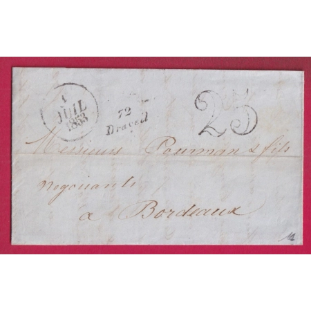 CURSIVE 72 DRAVEIL SEINE ET OISE 1853 POUR BORDEAUX INDICE 11 LETTRE