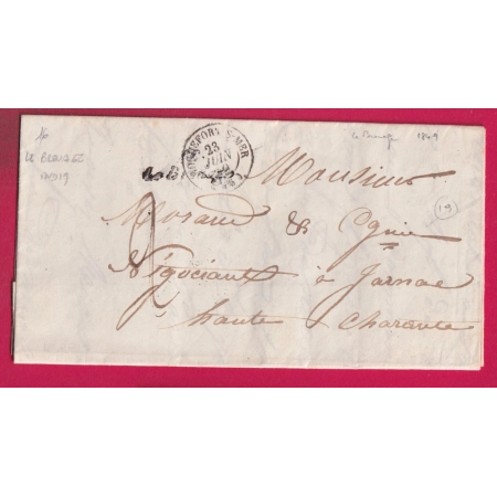 CURSIVE 16 LE BROUAGE CHARENTE INFERIEURE CAD TYPE 15 ROCHEFORT 1849 INDICE 19 POUR JARNAC LETTRE