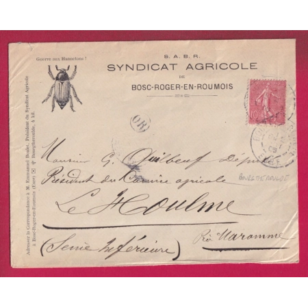 ENVELOPPE ILLUSTREE INSECTE N°129 BOURGTHEROUDE EURE OR BOSC ROGER EN ROUMOIS POUR LE HOULME LETTRE