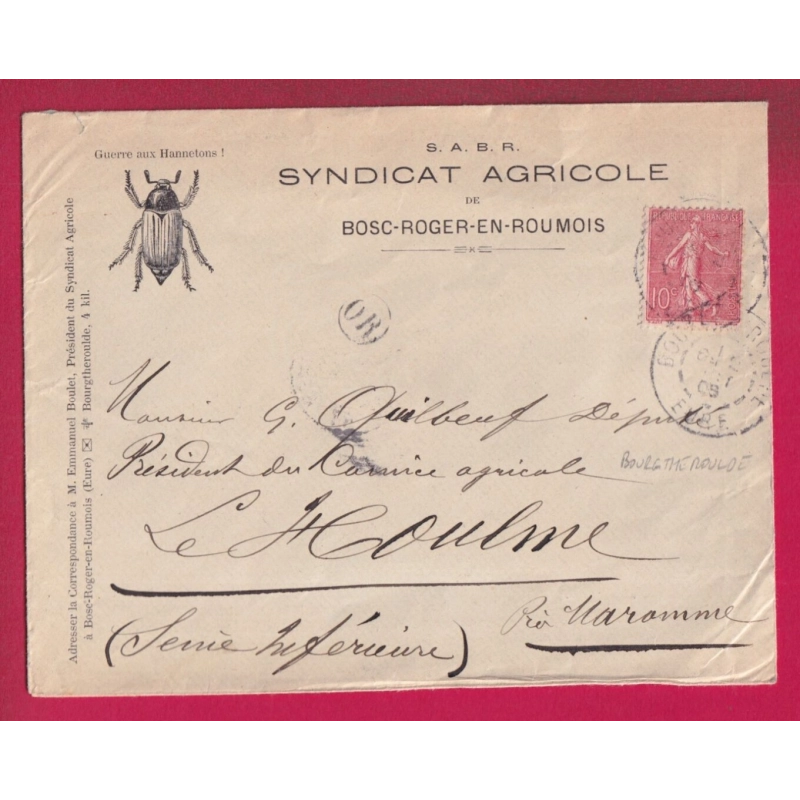 ENVELOPPE ILLUSTREE INSECTE N°129 BOURGTHEROUDE EURE OR BOSC ROGER EN ROUMOIS POUR LE HOULME LETTRE