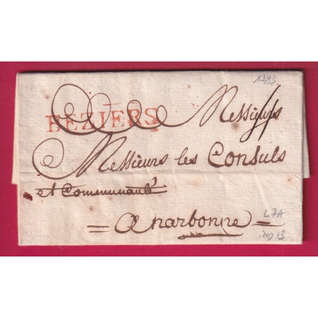 MARQUE BEZIERS HERAULT EN ROUGE LENAIN N°7A POUR NARBONNE INDICE 13 LETTRE
