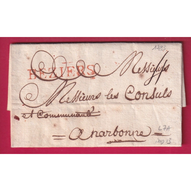 MARQUE BEZIERS HERAULT EN ROUGE LENAIN N°7A POUR NARBONNE INDICE 13 LETTRE