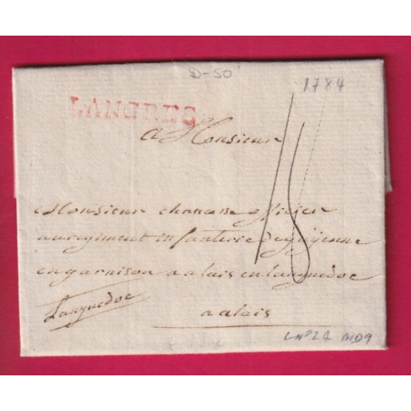 MARQUE LANGRES HAUTE MARNE EN ROUGE 1784 LENAIN N°2A POUR ALAIS GARD LETTRE