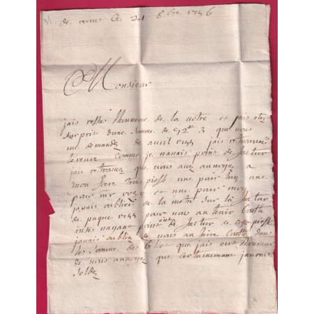 MARQUE RHEIMS REIMS MARNE 1756 LENAIN N°9 INDICE 13 POUR TROYES AUBE LETTRE