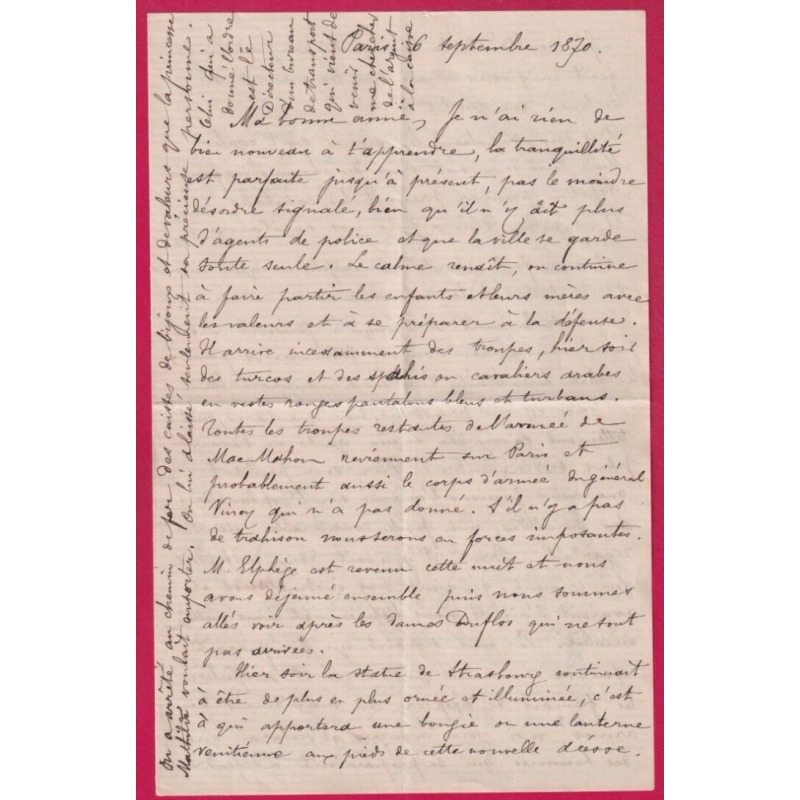 SIEGE DE PARIS TEXTE AVANT LE SIEGE SUR MOUVEMENT DES TROUPES 6 SEPTEMBRE 1870 AVEC SA TRANSCRIPTION LETTRE
