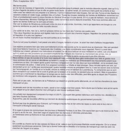 SIEGE DE PARIS TEXTE AVANT LE SIEGE SUR MOUVEMENT DES TROUPES 6 SEPTEMBRE 1870 AVEC SA TRANSCRIPTION LETTRE