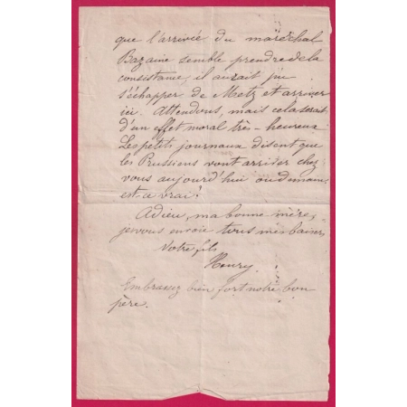 SIEGE DE PARIS TEXTE VILLE DE PARIS 4E ARRONDISSEMENT 12 SPT 1870 RETOUR DE BAZAINE DERNIER TRAIN POUR PARIS LETTRE