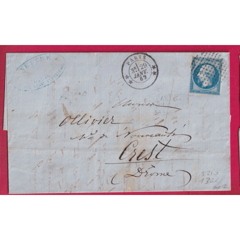 N°14 CERCLE DE POINTS CARRE P 1366 + 3310 PARIS POUR CREST DROME 1862 LETTRE