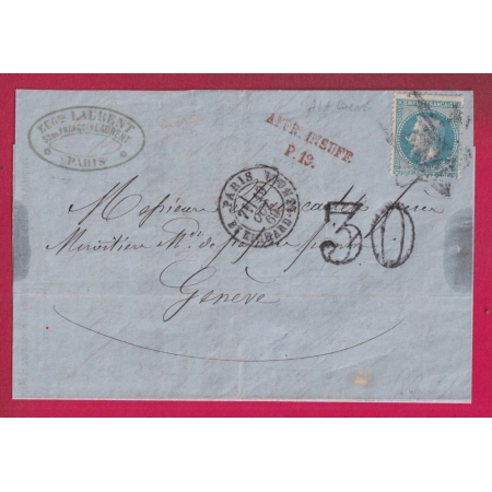 N°29 VARIETE A LA CORNE PARIS BT RICHARD LENOIR TAXE TAMPON 30 GRIFFE EFF INSUF P19 POUR GENEVE SUISSE LETTRE