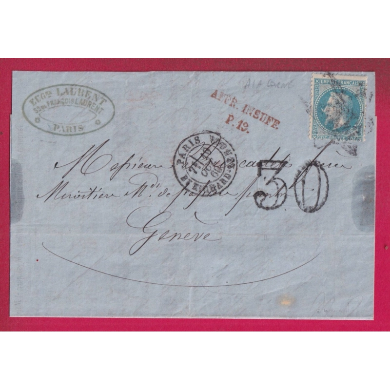 N°29 VARIETE A LA CORNE PARIS BT RICHARD LENOIR TAXE TAMPON 30 GRIFFE EFF INSUF P19 POUR GENEVE SUISSE LETTRE