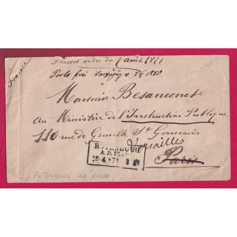 GUERRE 1870 PRISSONIER DE GUERRE CAMPS DE ROTENBURG ad FULDA 1871 POUR PARIS REEXP VERSAILLES LETTRE