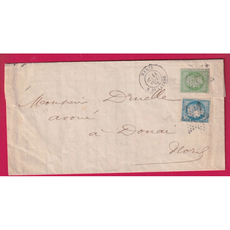 N°37 20 PARIS R ST LAZARE ETOILE 2 DU 11 SEPTEMBRE 1871 POUR DOUAI NORD ETIQUETTE AU DOS LETTRE