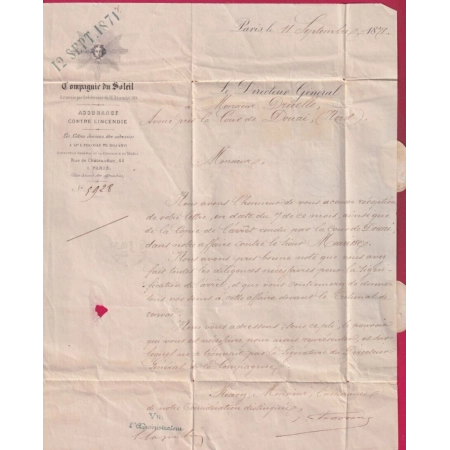 N°37 20 PARIS R ST LAZARE ETOILE 2 DU 11 SEPTEMBRE 1871 POUR DOUAI NORD ETIQUETTE AU DOS LETTRE