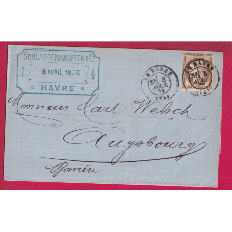 N°56 CAD LE HAVRE SEINE INFRIEURE POUR AUGSBURG ALLEMAGNE 1876 LETTRE