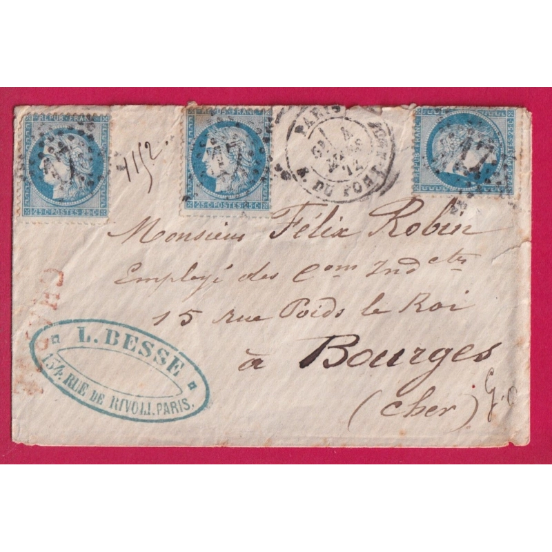 N°60 X3 PARIS ETOILE 17 R DU PONT NEUF ETOILE 17 POUR BOURGES CHER LETTRE CHARGEE LETTRE