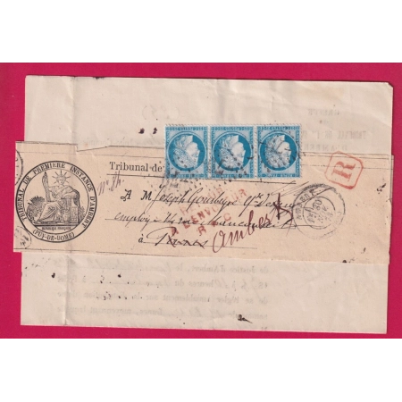 N°60 BANDE DE TROIS GC 79 AMBERT PUY DE DOME 1873 POUR PARIS RETOUR ENVOYEUR R * C LETTRE