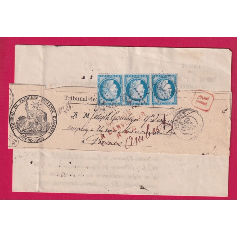 N°60 BANDE DE TROIS GC 79 AMBERT PUY DE DOME 1873 POUR PARIS RETOUR ENVOYEUR R * C LETTRE