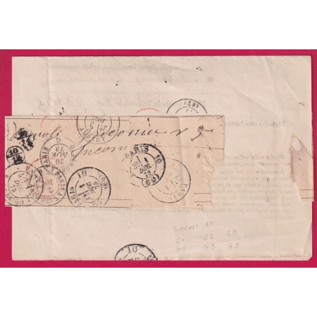 N°60 BANDE DE TROIS GC 79 AMBERT PUY DE DOME 1873 POUR PARIS RETOUR ENVOYEUR R * C LETTRE