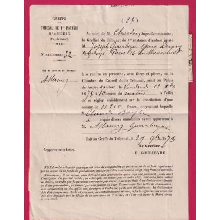 N°60 BANDE DE TROIS GC 79 AMBERT PUY DE DOME 1873 POUR PARIS RETOUR ENVOYEUR R * C LETTRE