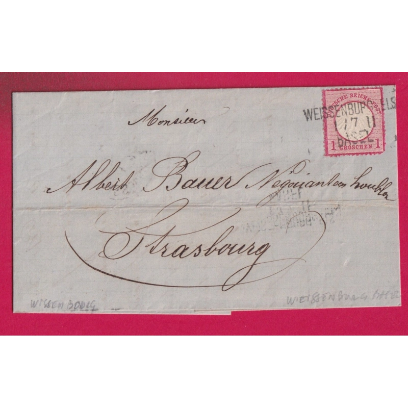 ALSACE LORRAINE AMBULANT WISSEMBOURG BASEL BALA SUISSE POUR STRABOURG BAS RHIN 1872 LETTRE