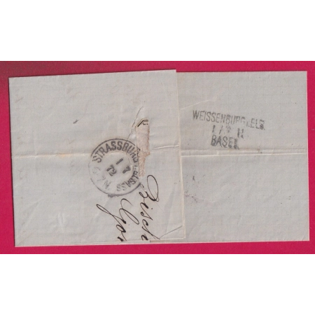 ALSACE LORRAINE AMBULANT WISSEMBOURG BASEL BALA SUISSE POUR STRABOURG BAS RHIN 1872 LETTRE