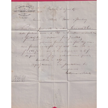 ALSACE LORRAINE AMBULANT WISSEMBOURG BASEL BALA SUISSE POUR STRABOURG BAS RHIN 1872 LETTRE