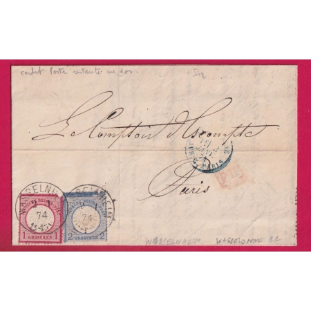ALSACE LORRAINE WASSELNHEIM WASSELONNE BAS RHIN POUR PARIS 1874 LETTRE