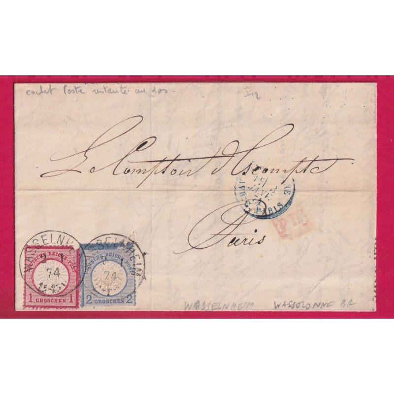 ALSACE LORRAINE WASSELNHEIM WASSELONNE BAS RHIN POUR PARIS 1874 LETTRE