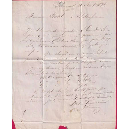 ALSACE LORRAINE SCHIRMECK BAS RHIN POUR SCHILTIGHEIM 1873 LETTRE