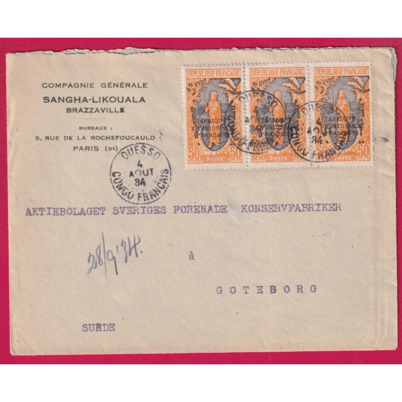 CONGO FRANCAIS OUESSO AEF POUR GOTEBORG SUEDE 1934 LETTRE