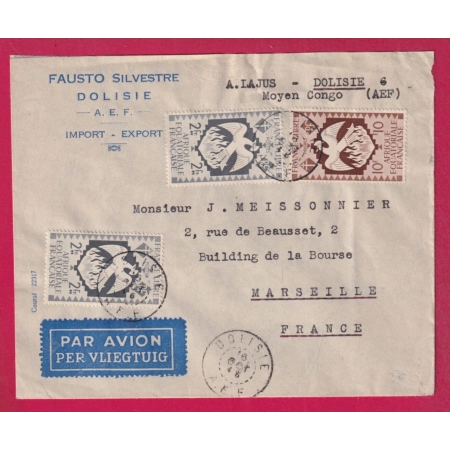 CONGO FRANCAIS DOLISIE 1946 AEF POUR MARSEILLE PAR AVION LETTRE
