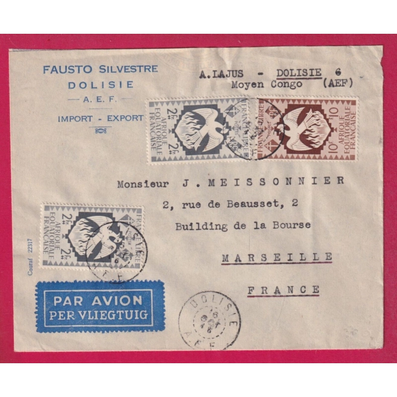 CONGO FRANCAIS DOLISIE 1946 AEF POUR MARSEILLE PAR AVION LETTRE