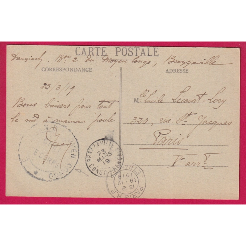 CARTE FM BATAILLON DU MOYEN CONGO 1919 POUR PARIS LETTRE