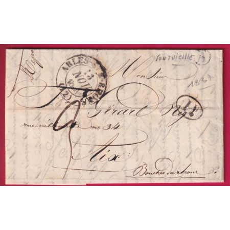 CAD TYPE 13 ARLES SUR RHONE 1837 BOITE RURALE A FONTVIELLE DECIME RURAL POUR AIX EN PROVENCE BOUCHES DU RHONE LETTRE