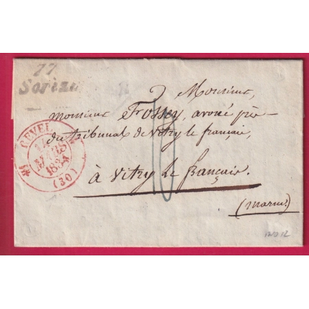 CURSIVE 77 SOREZE TARN + CAD TYPE 12 EN ROUGE REVEL HAUTE GARONNE POUR VITRY LE FRANCOIS MARNE 1834 LETTRE