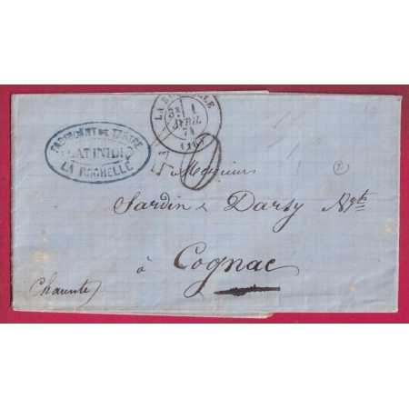 CAD TYPE 17 LA ROCHELLE CHARENTE INFERIEURE TAXE TAMPON 40 POUR COGNAC 1874 LETTRE
