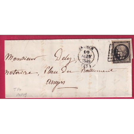 N°3 GRILLE + CAD TYPE 14 SAUMUR MAINE ET LOIRE 1849 POUR ANGERS INDICE 19 LETTRE
