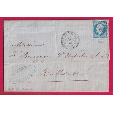 N°22 GC 4628 ST MAURICE DES LANDES CAD TYPE 22 POUR MULHOUSE 1866 CAD BLEUTE GC NOIR LETTRE