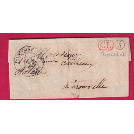 CAD TYPE 12 PONTOISE SEINE ET OISE BOITE RURALE J AUVERS SUR OISE TAXE LOCALE 1 + CL ROUGE 1840 POUR EROUVILLE LETTRE