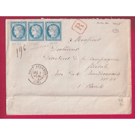 N°60 BANDE DE 3 PC DU GC 2925 PONT AUDEMER EURE RECOMMANDE POUR PARIS LETTRE