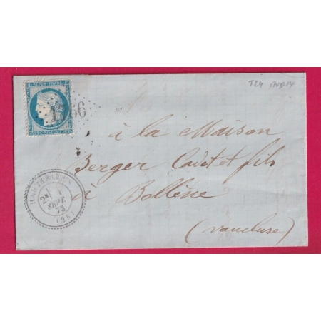 N°60 GC 1766 HAUTERIVE DROME CAD TYPE 24 POUR BOLLENE VAUCLUSE 1873 LETTRE