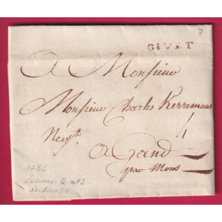MARQUE GIVET ARDENNES LENAIN N°3 INDICE 20 POUR GAND BELGIQUE 1786 LETTRE