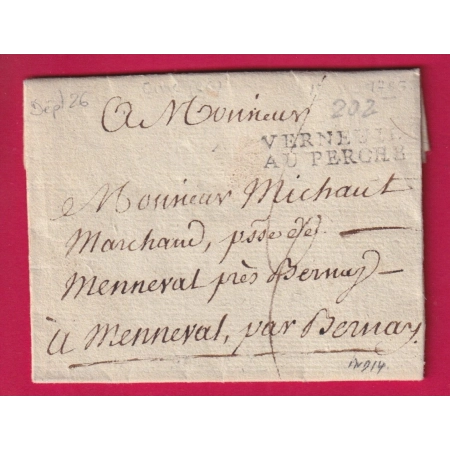 MARQUE VERNEUIL AU PERCHE EURE 1785 POUR MENNEVAL INDICE 14 LETTRE