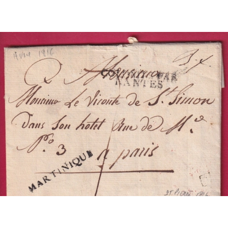 MARQUE MARTINIQUE 1816 TEXTE DE ST PIERRE COLONIES PAR NANTES POUR PARIS LETTRE