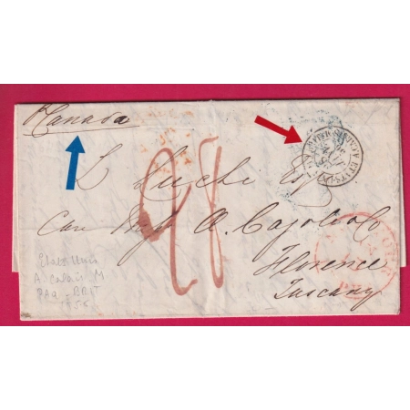 LETTRE DE NEWYORK USA 1856 VOIE ANGLAISE STEAMER CANADA TAXE 28 POUR FLORENCE FIRENZE ITALIE ENTREE FRANCE LETTRE