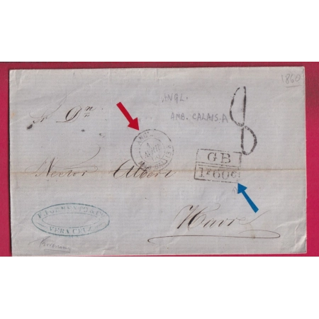 LETTRE DE VERA CRUZ MEXIQUE MEXICO VOIE ANGLAISE TAXE TAMPON 8 POUR LE HAVRE SEINE INFERIEURE 1860 LETTRE
