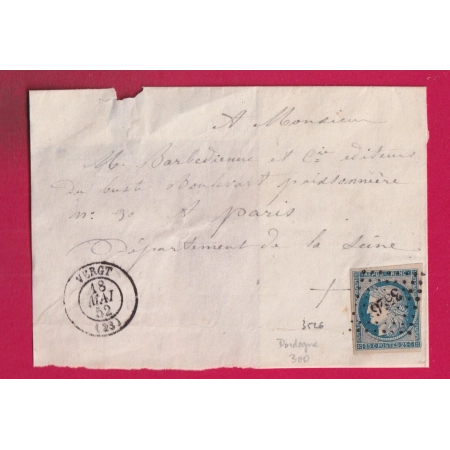 N°4 PC 3526 VERGT DORDOGNE 1852 POUR PARIS DEVANT DE LETTRE