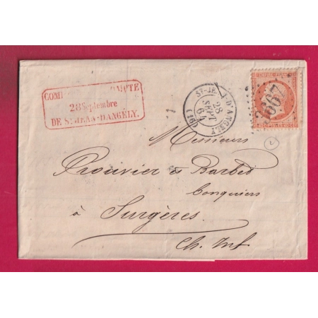 N°23 GC 3667 ST JEAN D'ANGELY CHARENTE INFERIEURE POUR SURGERES LETTRE