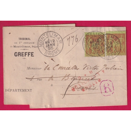 N°96 X2 SUR BANDE DE JOURNAL MONTELIMAR DROME RECOMMANDE RETOUR ENVOYEUR R*C PARIS AU DOS INCONNU LETTRE